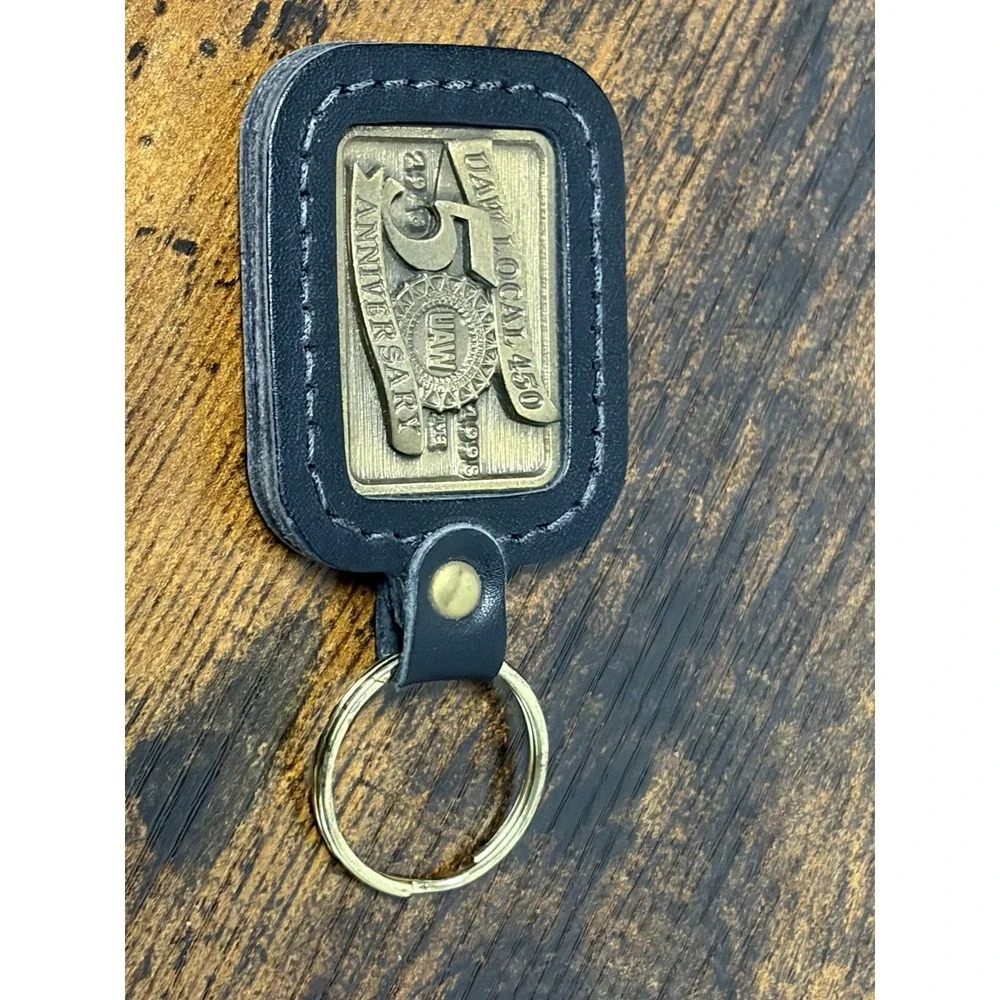 UAW Local 450 Des Moines Iowa Keychain Leather Brass 50th Anniversary Keyring